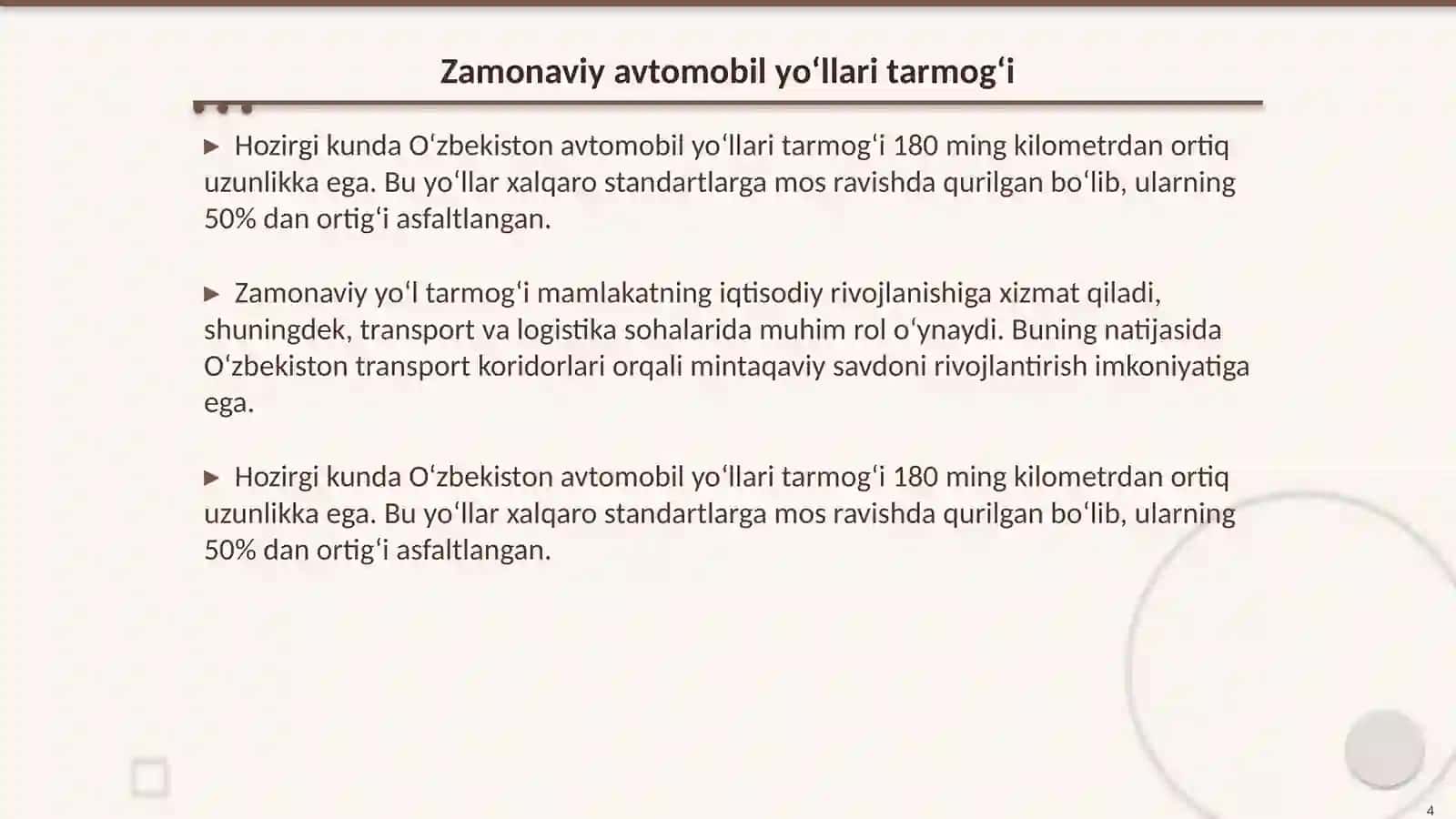 O‘zbekiston Respublikasi avtomobil yo‘llari tarmog’ining zamonaviy holati 4