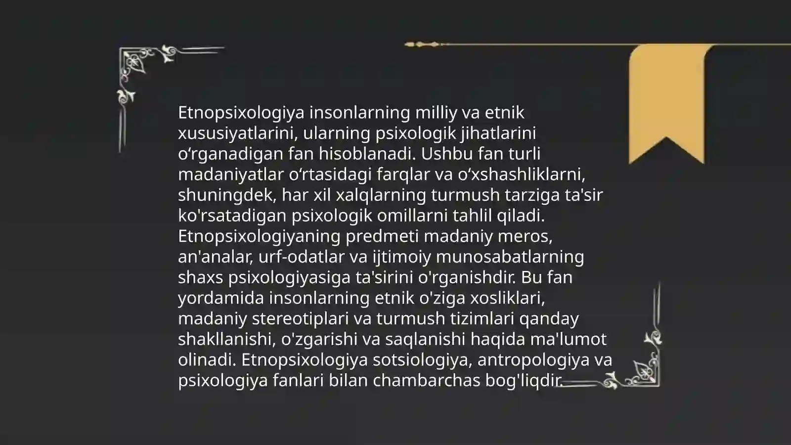 Etnopsixalogiya haqida umumiy Etnopsixalogiya fanining predmet, obʼekti va vazifalari 4