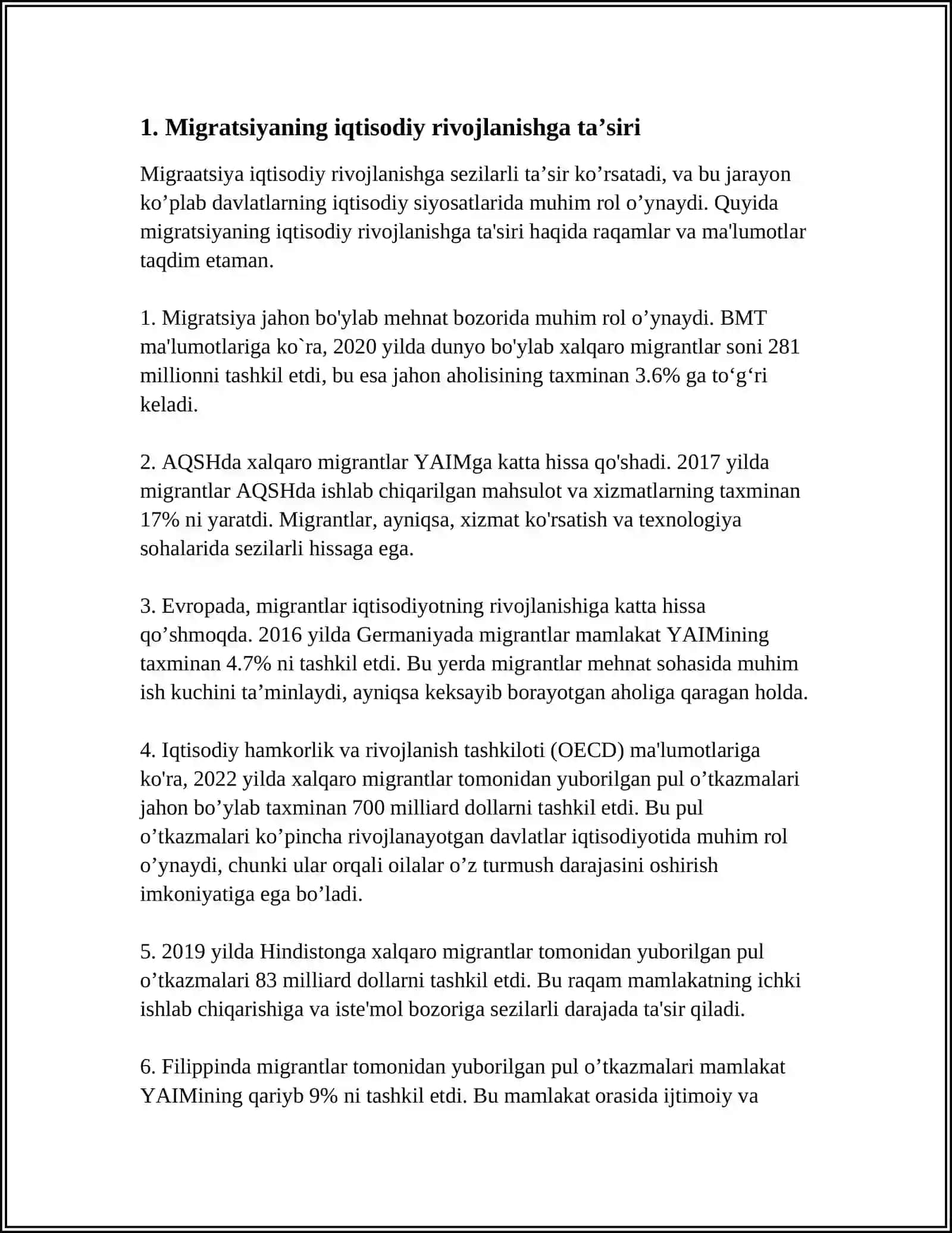 MIGRATSIYA VA PUL O‘TKAZMALARI: ULARNING MILLIYIQTISODIYOTGA TA’SIRI 4