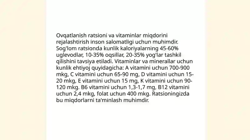 Vitaminlar, ovqatlanish ratsionini rejimi va tartibiga doir masala va mashqlar 4