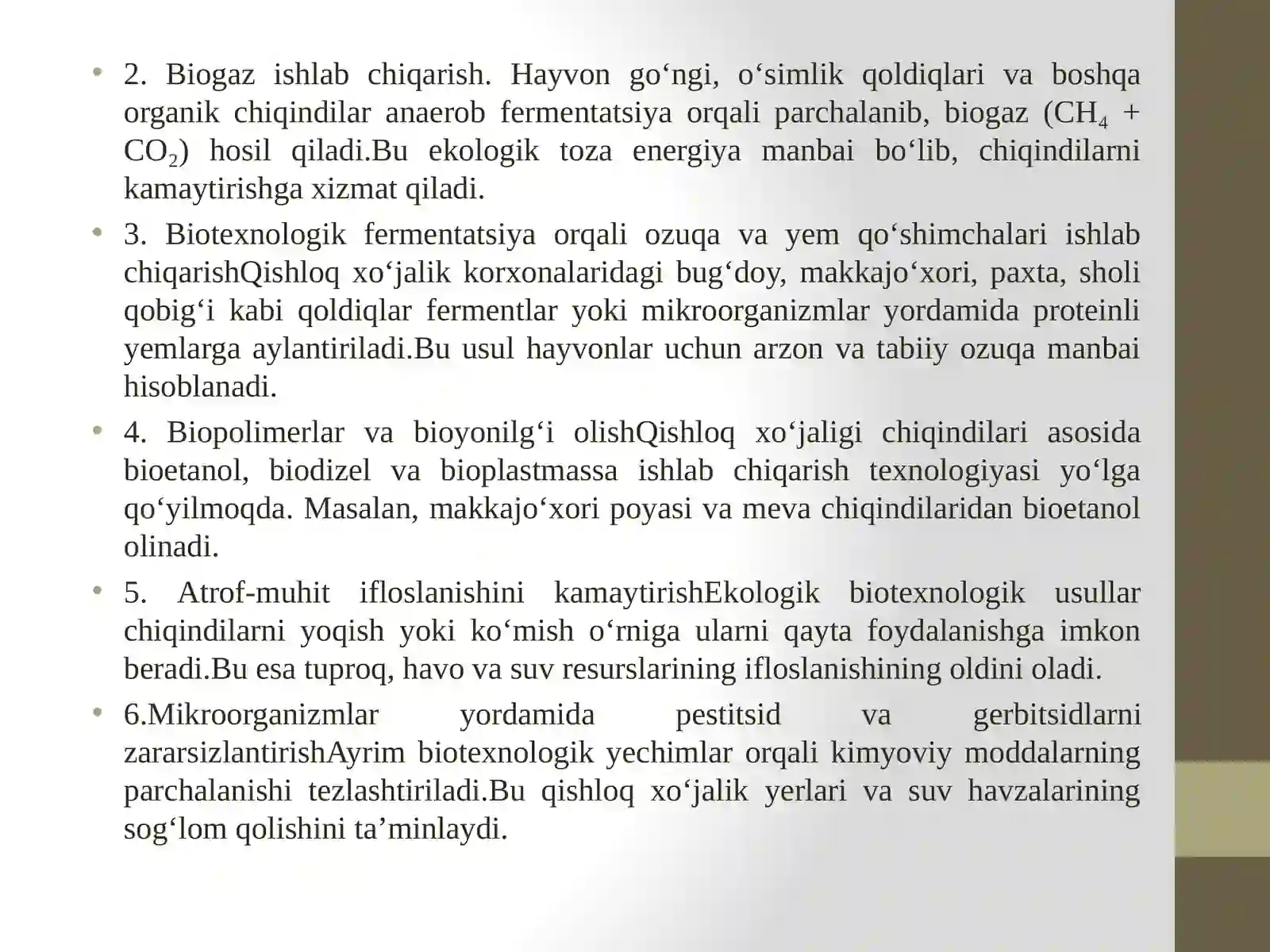 Qishloq xo‘jalik qoldiq mahsulotlari hamda oziq-ovqat korxonalari chiqindilari utilizatsiyasi va ulardan ikkilamchi xomashyolar olish bo‘yicha ekologik biotexnologiya imkoniyatlari 4