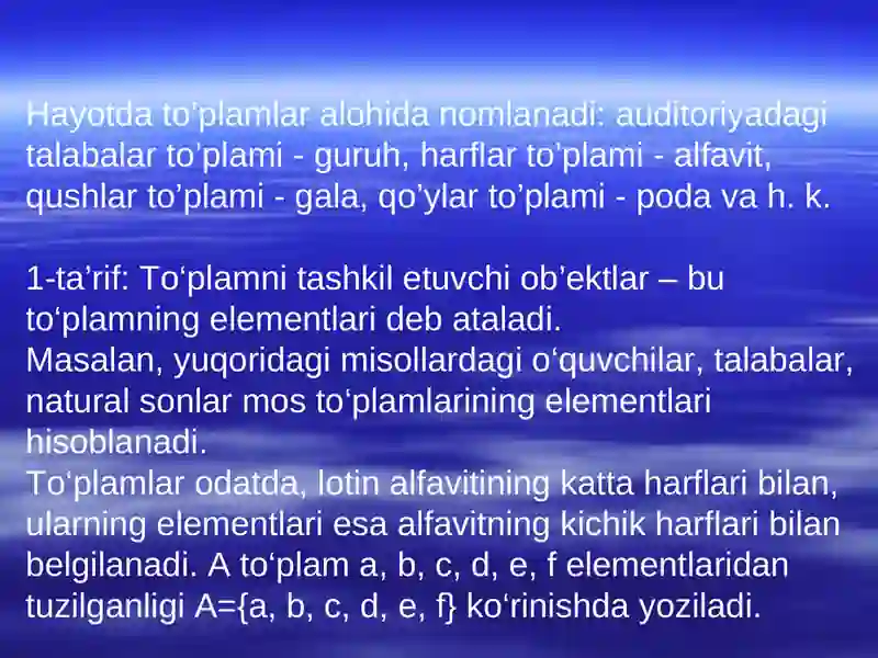 To’plamlar.  To’plamlar nazariyasiningi asosiy tushunchalari. To’plamlar ustida amallar. Asosiy ayniyatlar 4