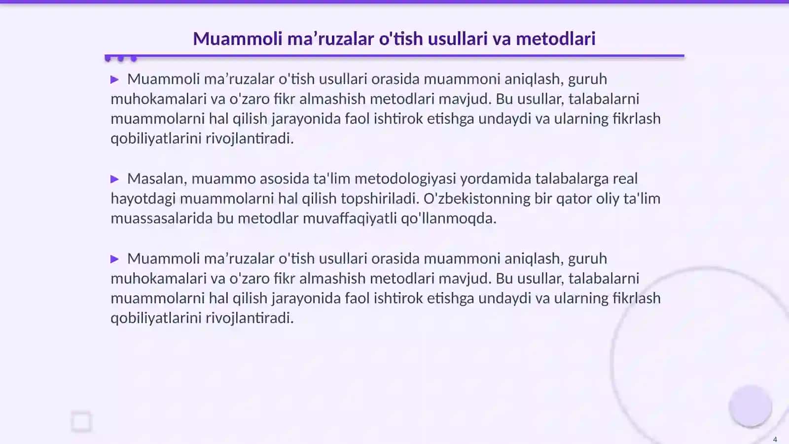 Oliy taʼlimda muammoli maʼruza oʻtish usullari 4