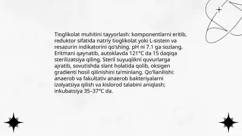 Anaerob mikroblami oʻstirish uchun qoʻllaniladigan oziq muhitlar ularni tayyorlash 4