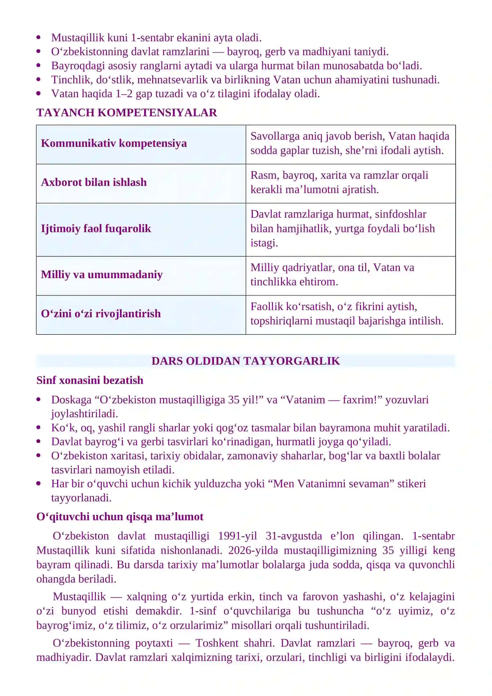 “Yagona Vatan, yagona xalq bo‘lib, yangi hayot va kelajak yaratamiz!” 1 sinf 4