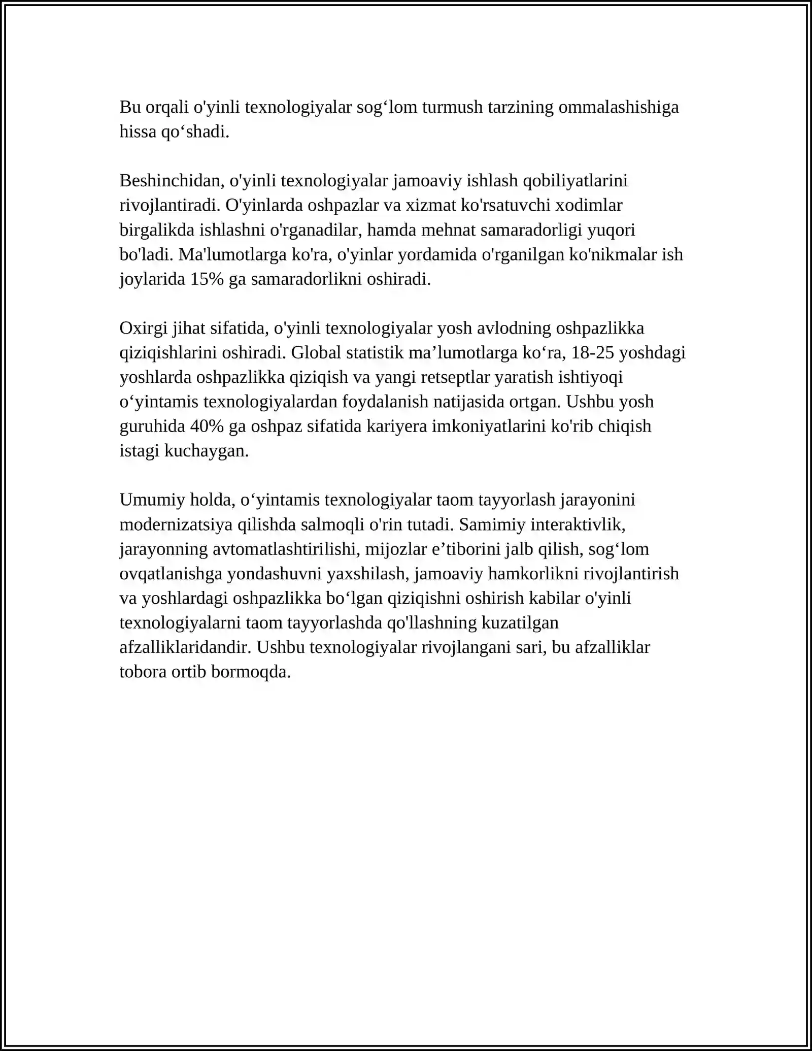 "TAOMLAR TAYYORLASH TEXNOLOGIYASI " BO'LIMINI O'QISHDA O'YINLI TEXNOLOGIYALARNI QOʻLLASH METODIKASI" 4