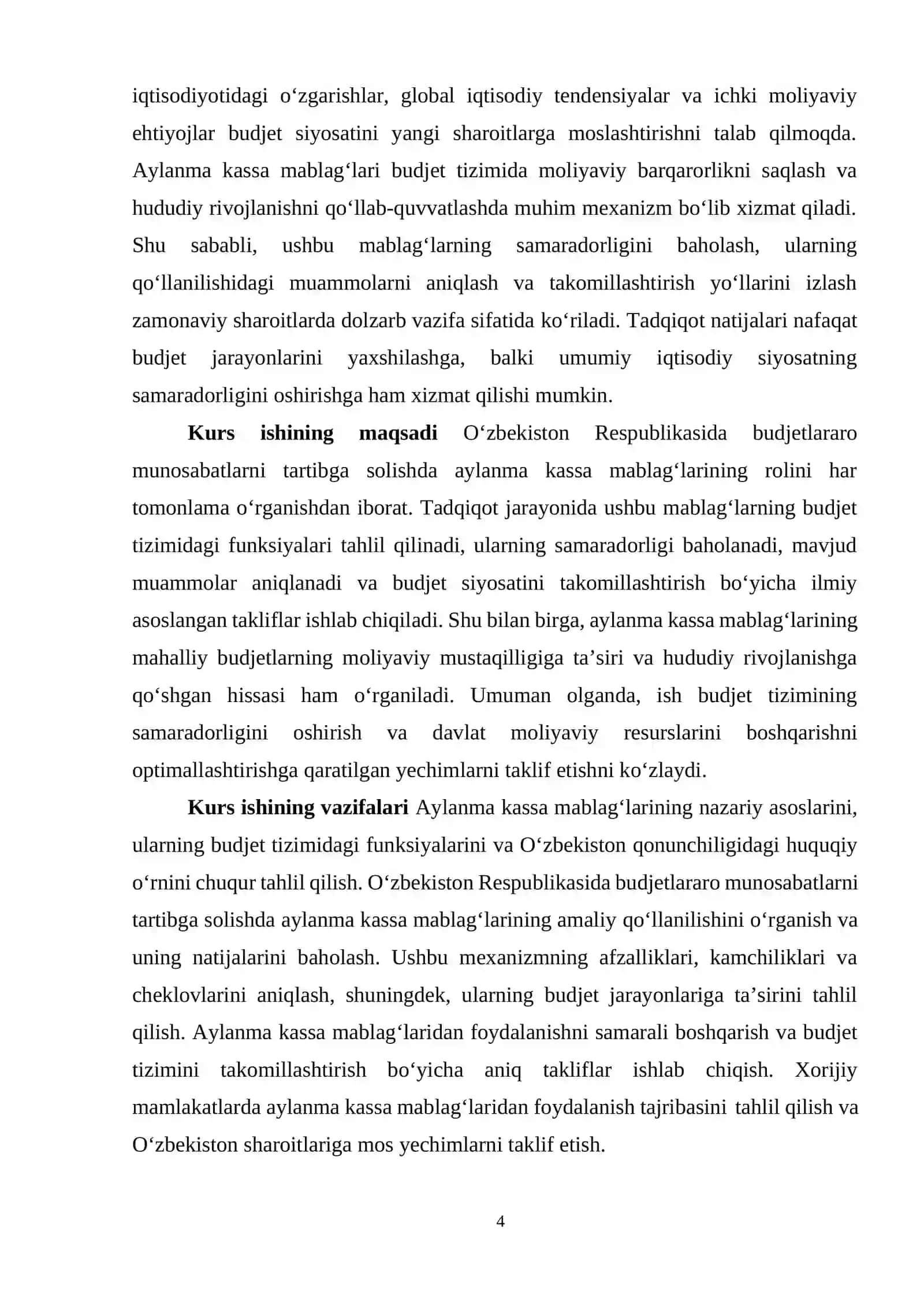 O’zbekiston Respublikasida budjetlararo munosabatlarni tartibga solishda aylanma kassa mablag’larining o’rni mavzusida kur ishi 4