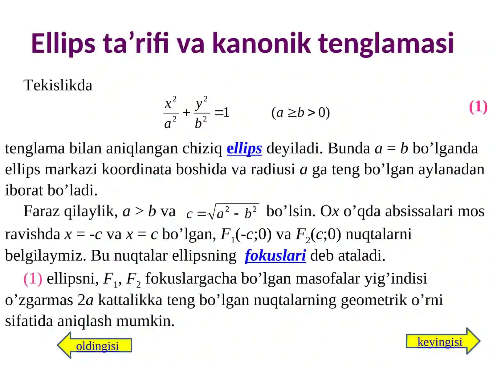 Ellips ta’rifi va kanonik tenglamasi 4