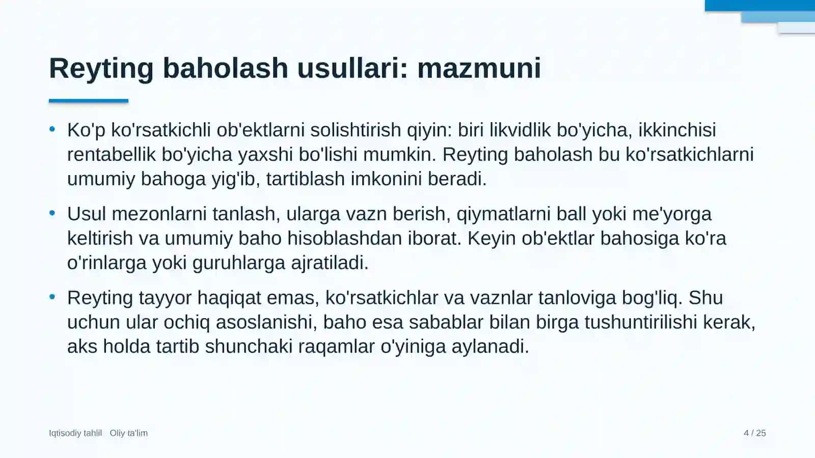 Tuyachilikda reyting baholash usullari 4