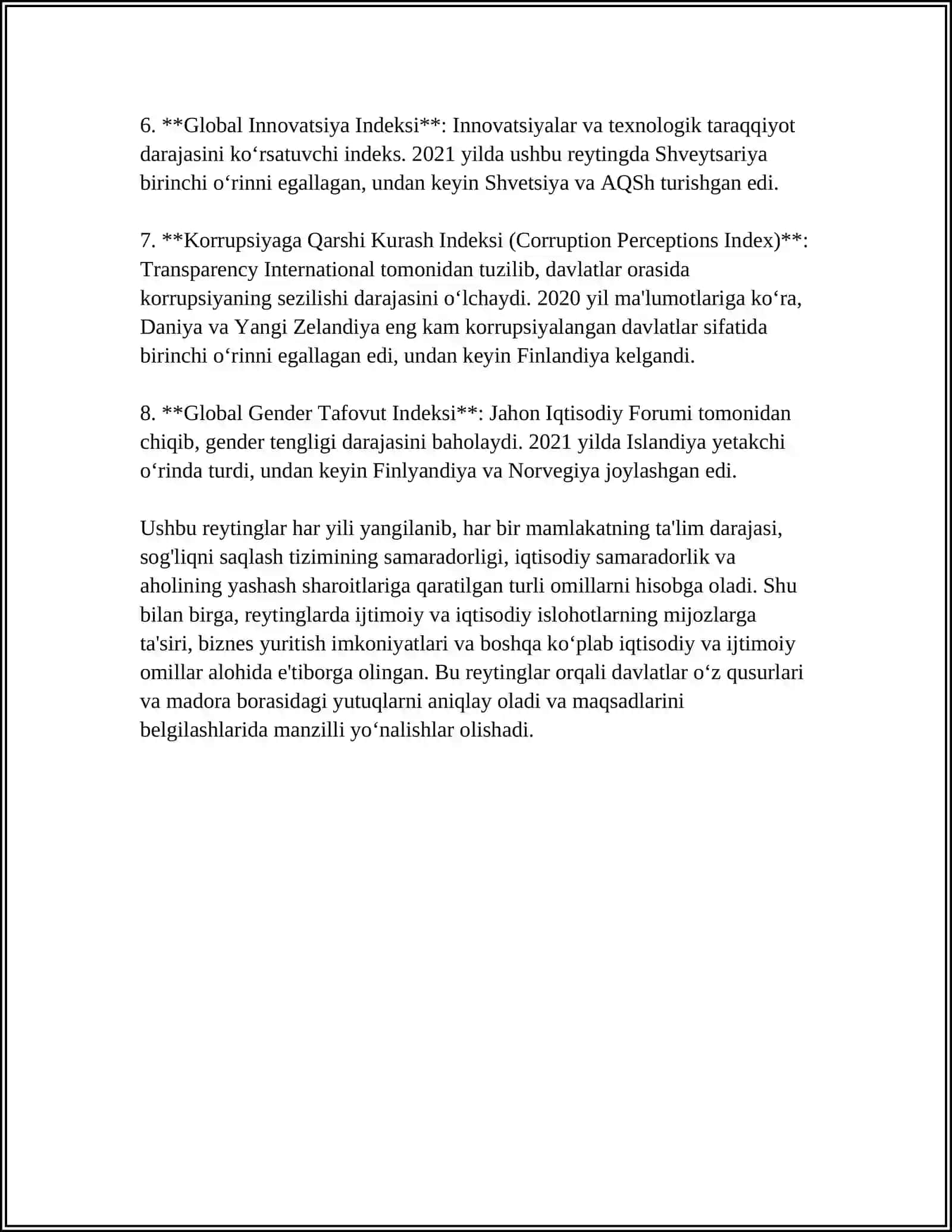 IQTISODIY VA IJTIMOIY SOHADAGI USTUVOR XALQARO REYTINGLAR VA ULARGA OʻZBEKISTONNING INTEGRATSIYALASHUVI 4