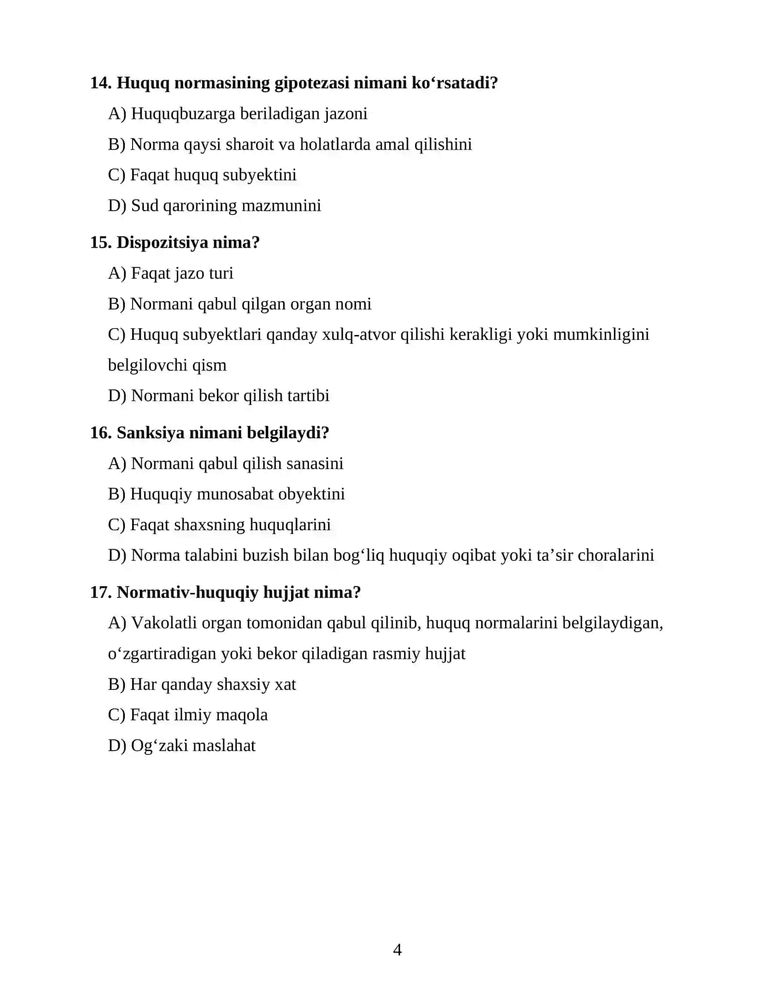 HUQUQSHUNOSLIK FANIDAN OTM 1-KURS UCHUN 100 TA TEST 4