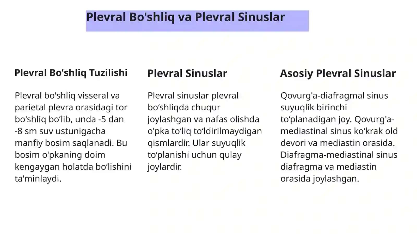 Ko‘krakbo‘shlig‘i:plevra,plevralbo‘shliq,plevralsinuslar,kekirdak,bronxlar,o‘pkalar,o‘pkaildiziklinikanatomiyasi.Plevrabo‘shlig‘inipunksiyaqilishvadrenajlash.O‘pkajarohatigachokqo‘yish.Diafragmachurralarixirurgiyasi 4