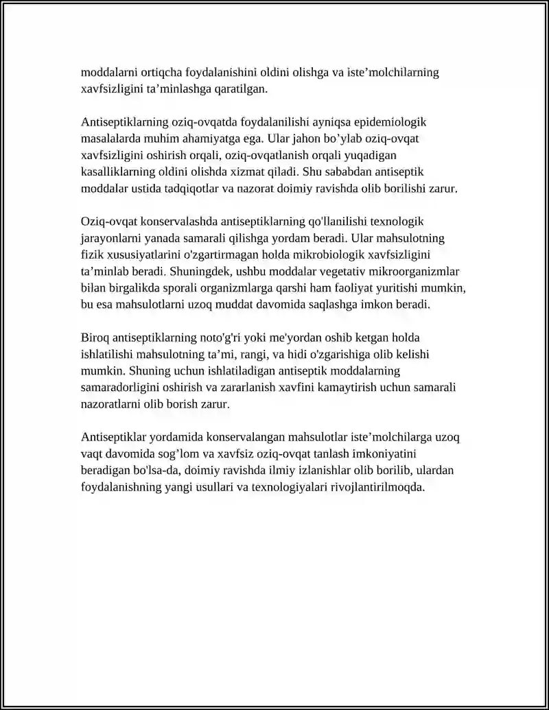 ANTISEPTIKLARNI OZIQ OVQAT MAHSULOTLARINI KONSERVALASHDA ISHLATILISHI 4