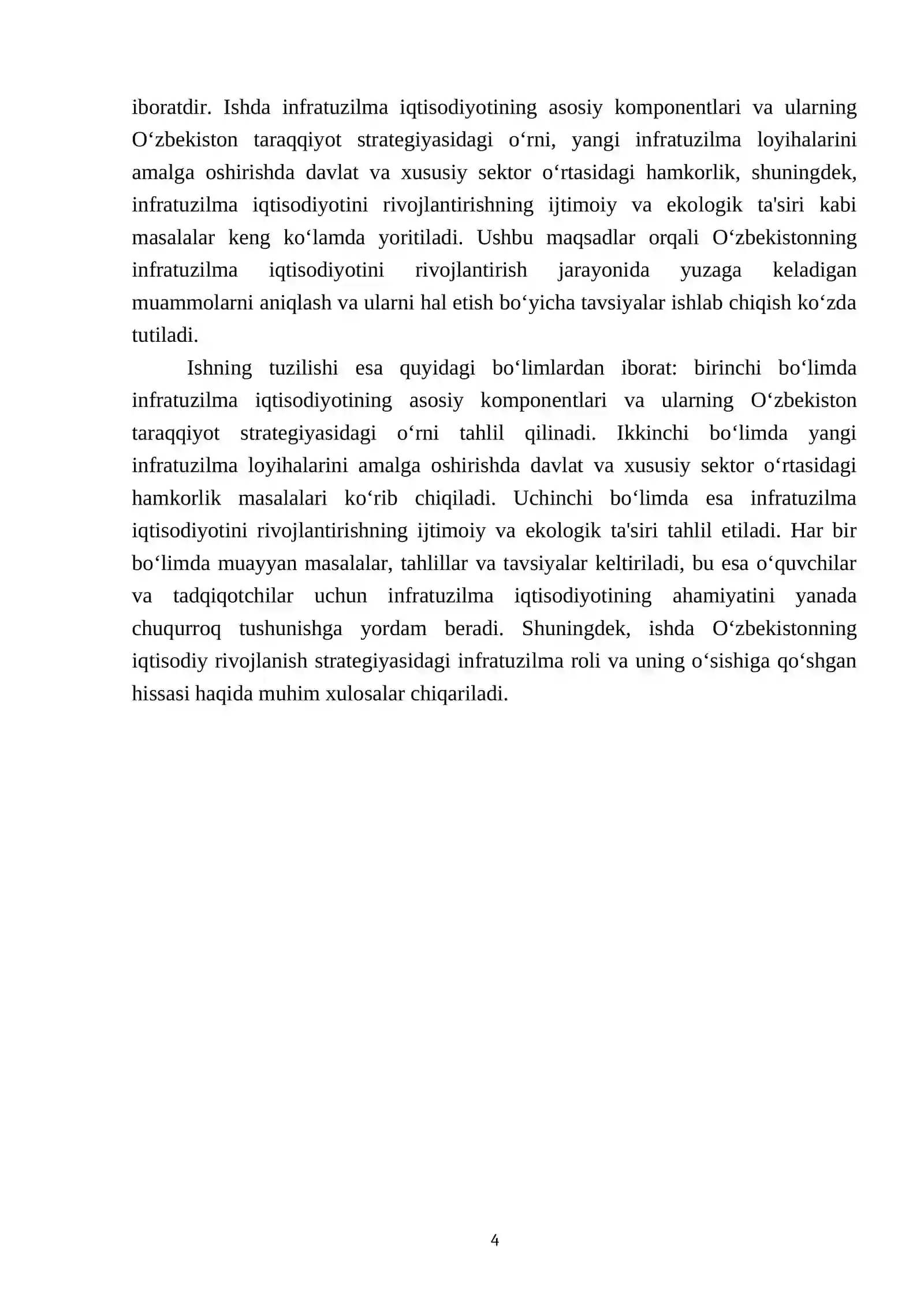 2022-2026 yillarga mo‘ljallangan yangi O‘zbekistonning taraqqiyot strategiyasida infratuzilma iqtisodiyotini rivojlantirish vazifalarini qo‘yilishi va amalga oshirilishi 4