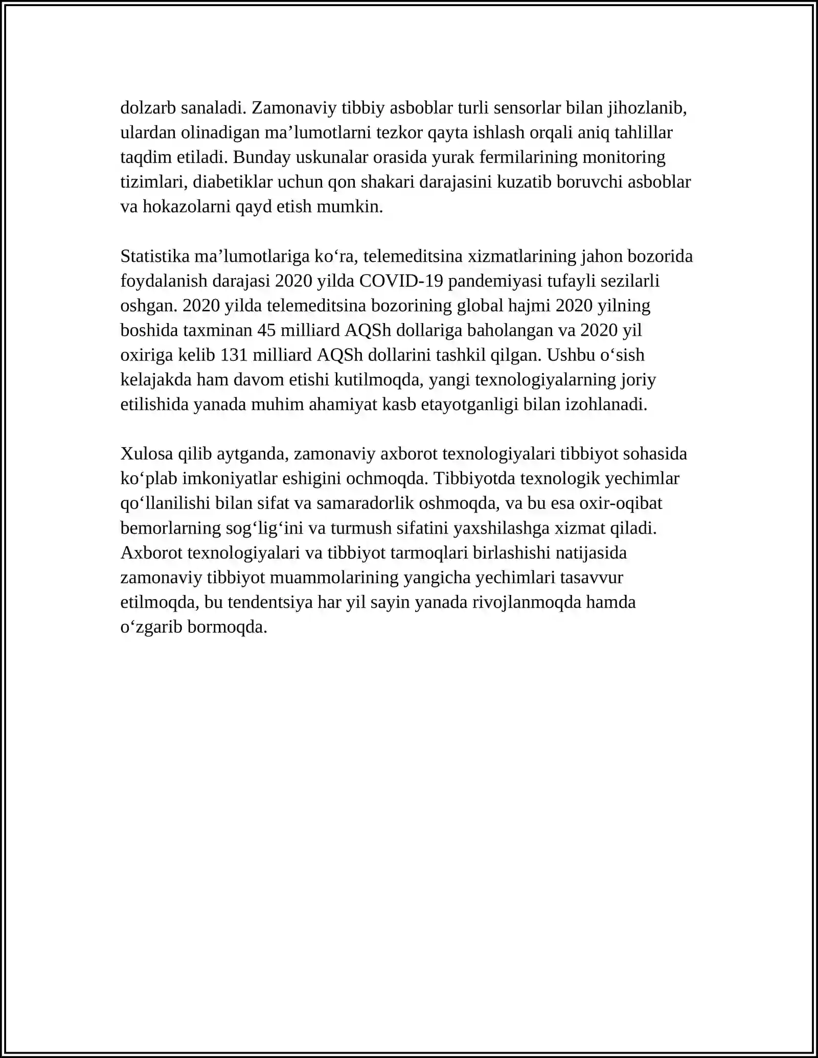 ZAMONAVIY AXBOROT TEXNOLOGIYALARIDAN BUGUNGI KUNDA FOYDALANISH DARAJASI, ULARNI TIBBIYOTNING TURLI SOXALARIDA MA' LUMOTLAR TO'PLASHDA, DIAGNOSTIKA VA DAVOLASHDA TUTGAN O'RNI 4