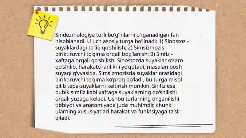 Suyaklarning oʻzaro birlashishi sindesmologiya harakatchan va harakatsiz birikishlar 4