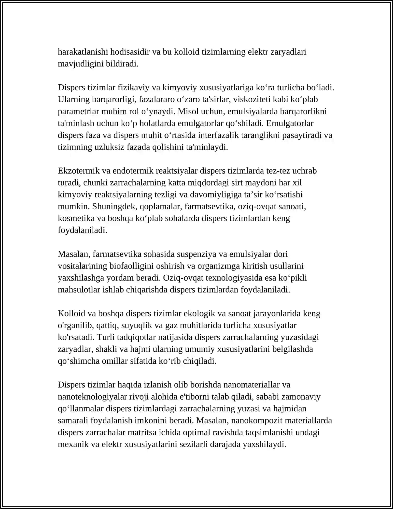 DAG'AL DISPERS SISTEMALARNING XOSSALARI VA ULARNI TIBBIYOT HAMDA FARMOKOLOGIYADA ISHLATILISHI 4