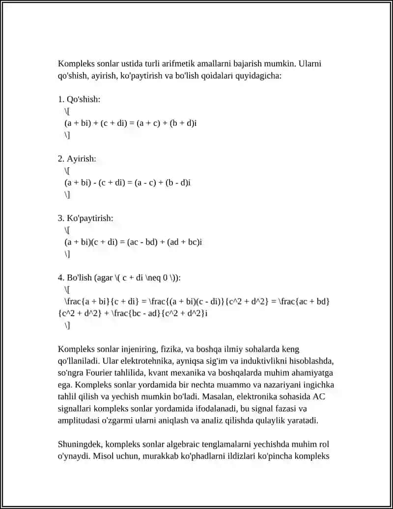 KOMPLEKS SONLARNING ALGEBRAIK,TRIGONOMETRIK VA KO'RSATKICHLI SHAKLLARI.KOMPLEKS SONLARNI QO'SHISH VA AYIRISH,KO'PAYTIRISH VA BO'LISH 4