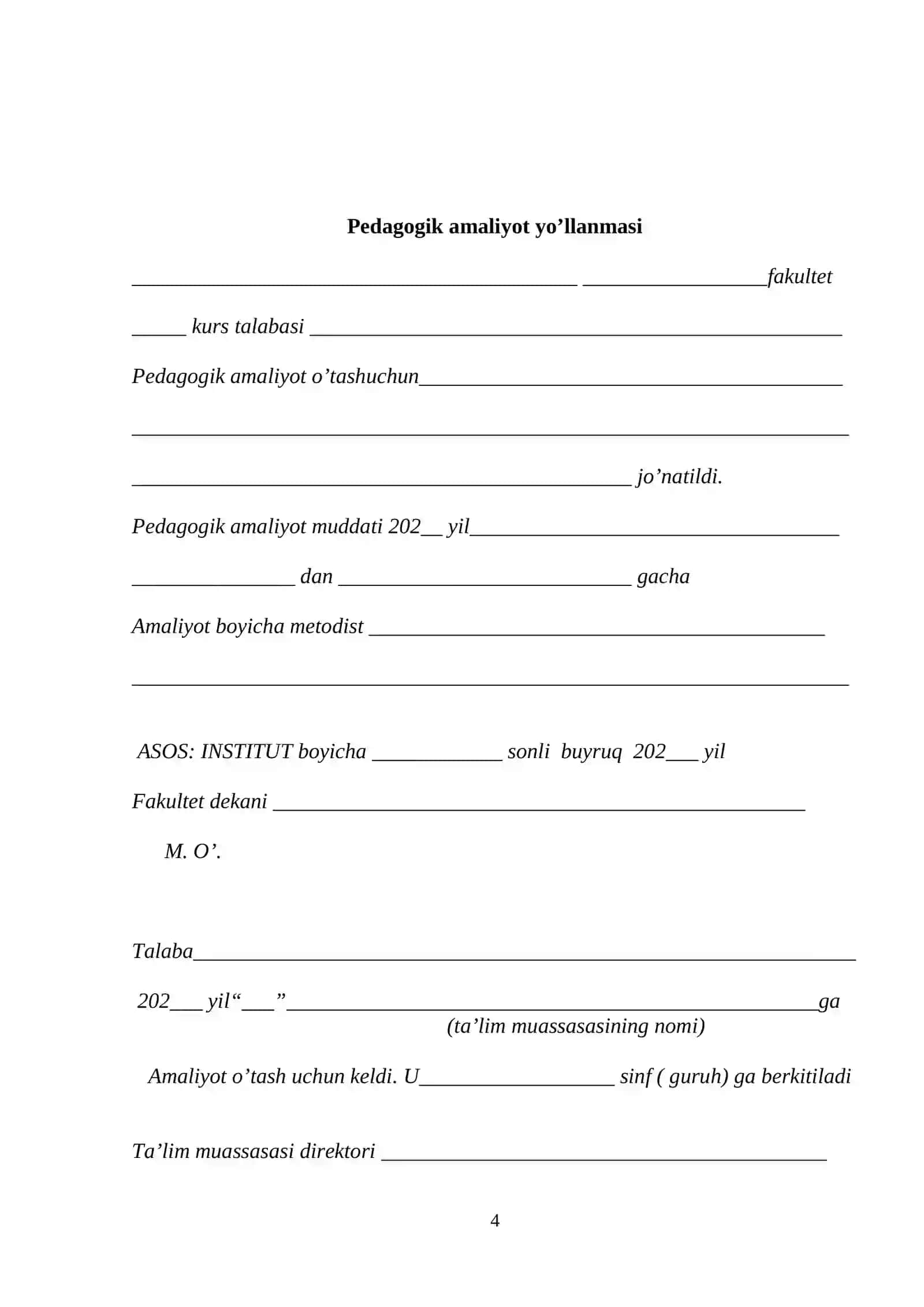 Pedagogik Amaliyot BO'YICHA TALABANING KUNDALIGI 4