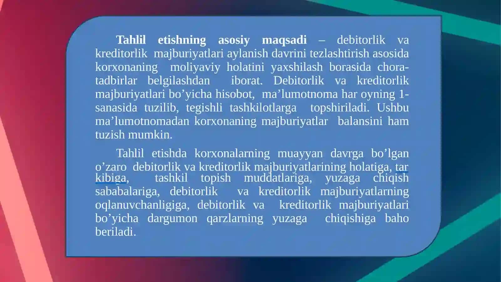 Mavzu:Debitorlik  va kreditorlik  qarzlarining  tahlili 4