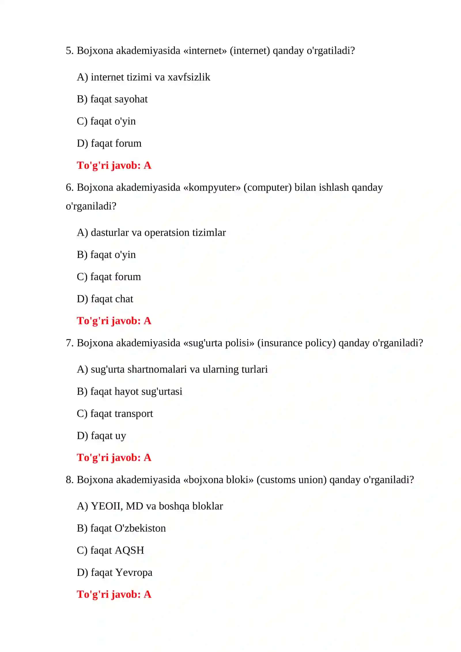 BOJXONA AKADEMIYASI ABITURIYENT SAVOLLARI 4