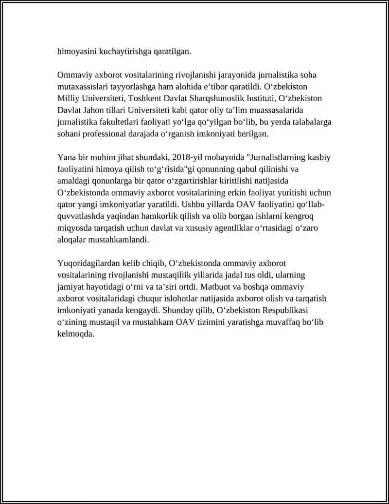 O'ZBEKISTONDA RESPUBLIKASIDA OMMAVIY AXBOROT VOSITALARI NING FAOLIYOTI 4