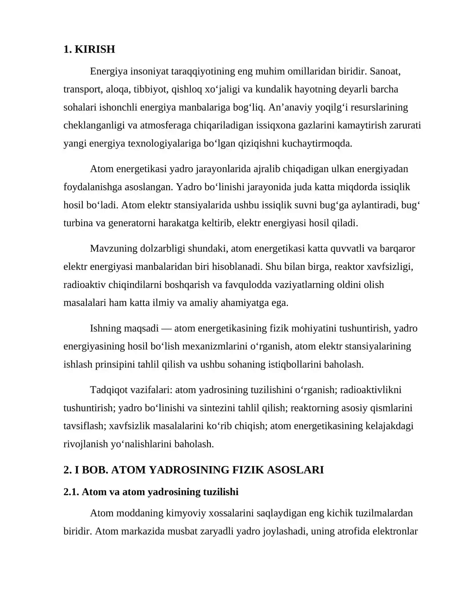 FIZIKA FANIDAN ILMIY ISH - ATOM ENERGETIKASI: FIZIK ASOSLARI VA ISTIQBOLLARI 4