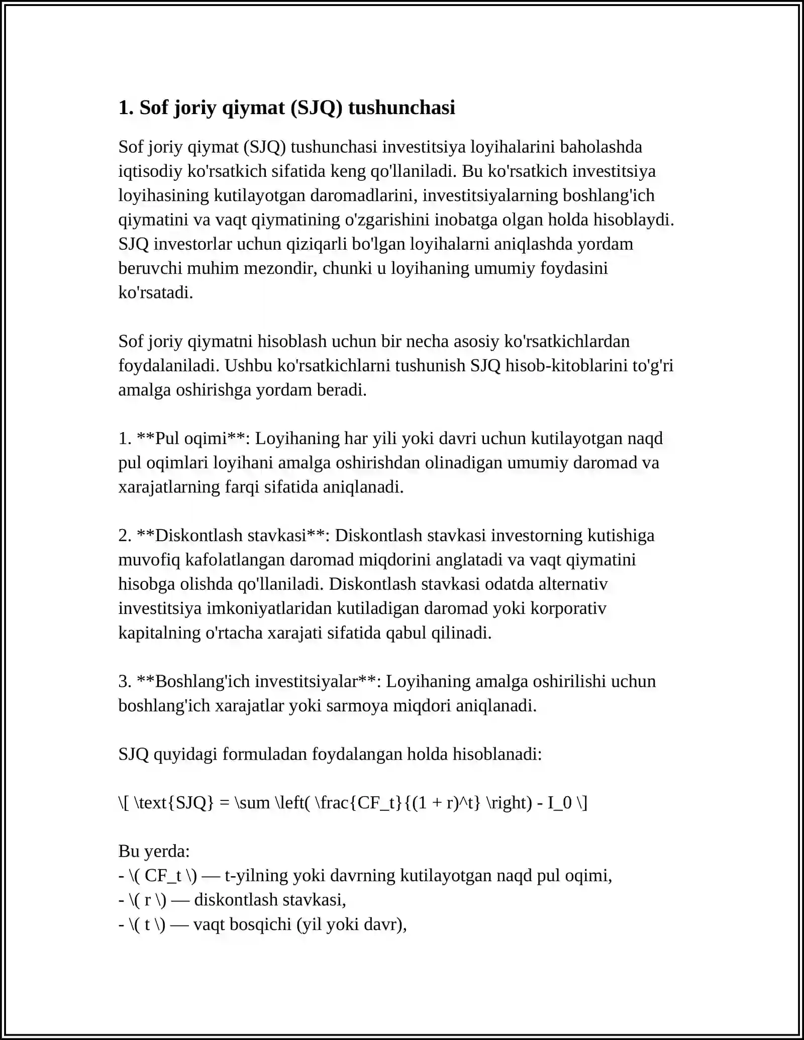 SOF JORIY QIYMAT USULLARI BO'YICHA INVESTITSION QARORLARNI QABUL QILISH 4