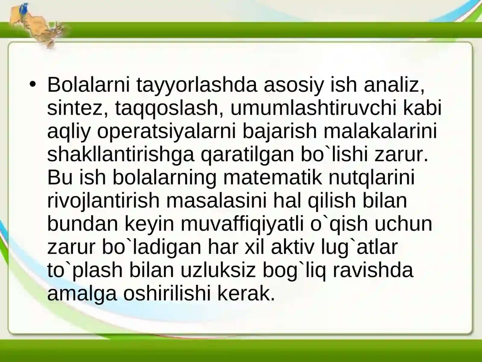 Boshlang`ich sinf matematikasi va matematika o`qitishning tarbiyaviy, ta`limiy, rivojlanuvchi maqsad va vazifalari 4