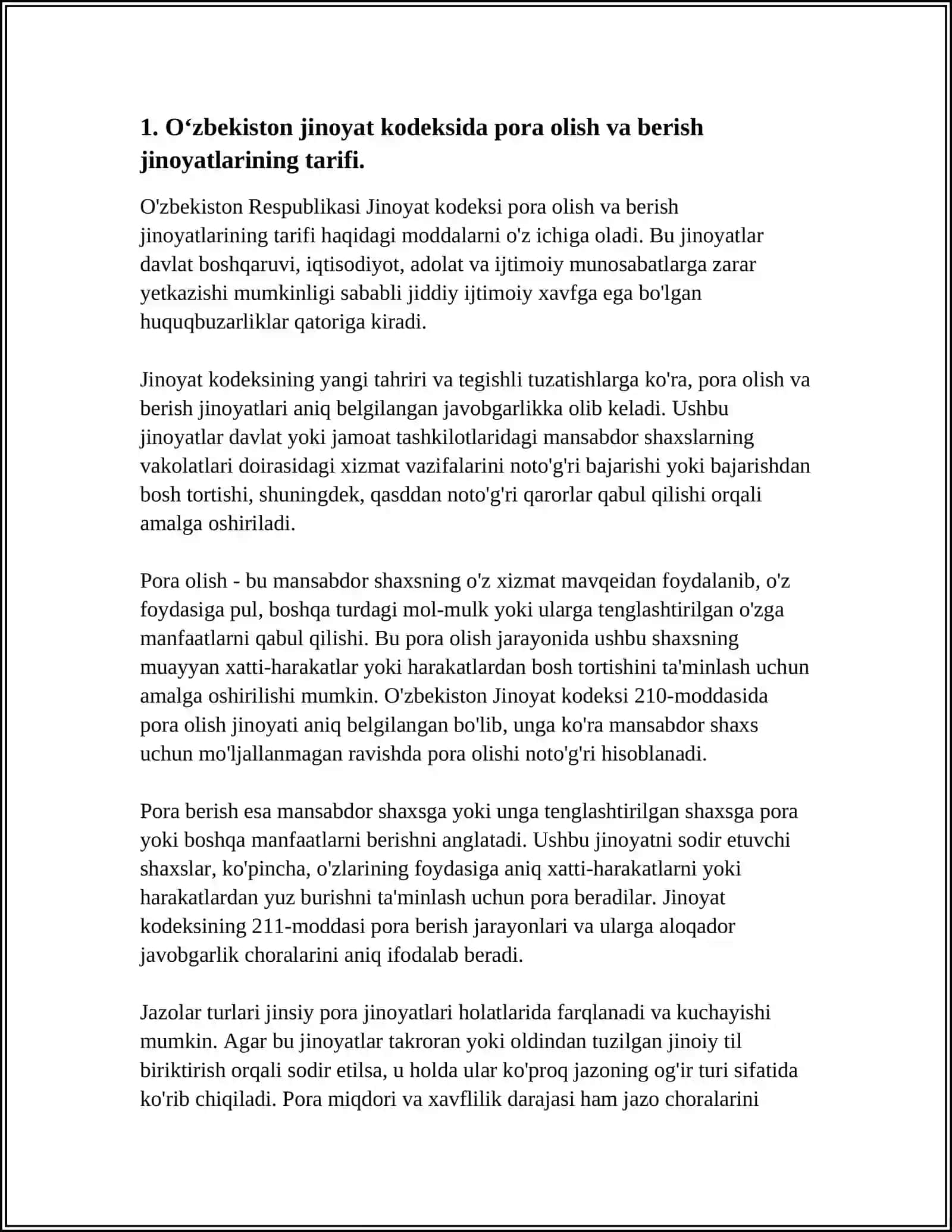 DAVLAT ORGANINING, DAVLAT ISHTIROKIDAGI TASHKILOTNING YOKI FUQAROLAR O'ZINI O'ZI BOSHQARISH ORGANINING XIZMATCHISINI PORA EVAZIGA OG'DIRIB OLISH JINOYATLARINING JINOIY -HUQUQIY TAHLILI 4