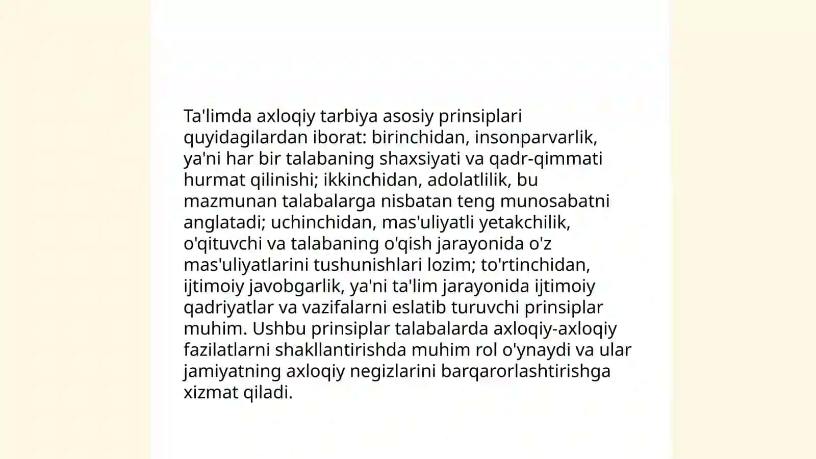 O'quvchi shaxsini, axloqiy tarbiyalash, rivojlantirishning asosiy tarkibiy qismlari va o'z- o'zini boshqarish va ta'lim muassasalarida ma'naviy - ma'rifiy masalarini boshqarish tizimini rivojlantirish 4