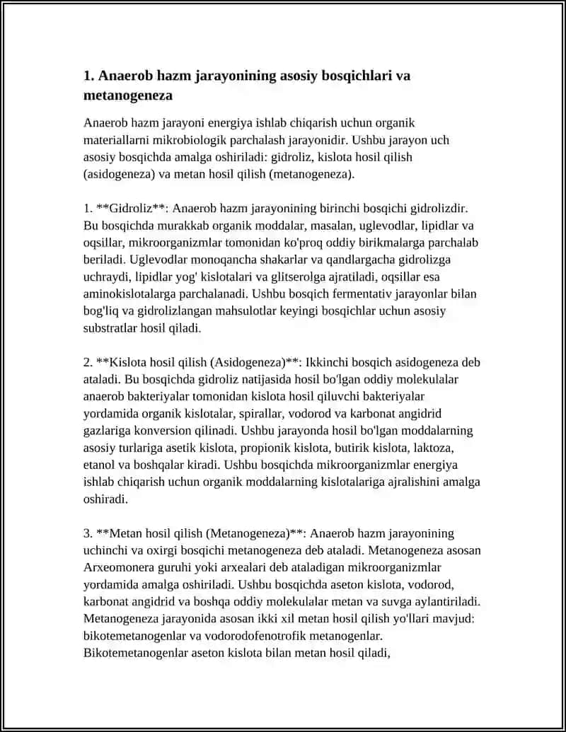 ANAEROB BAKTERIYALAR YORDAMIDA BIOGAZ(METAN) ISHLAB CHIQARISH VA CHIQINDILARNI ENERGIYAGA AYLANTIRISH 4