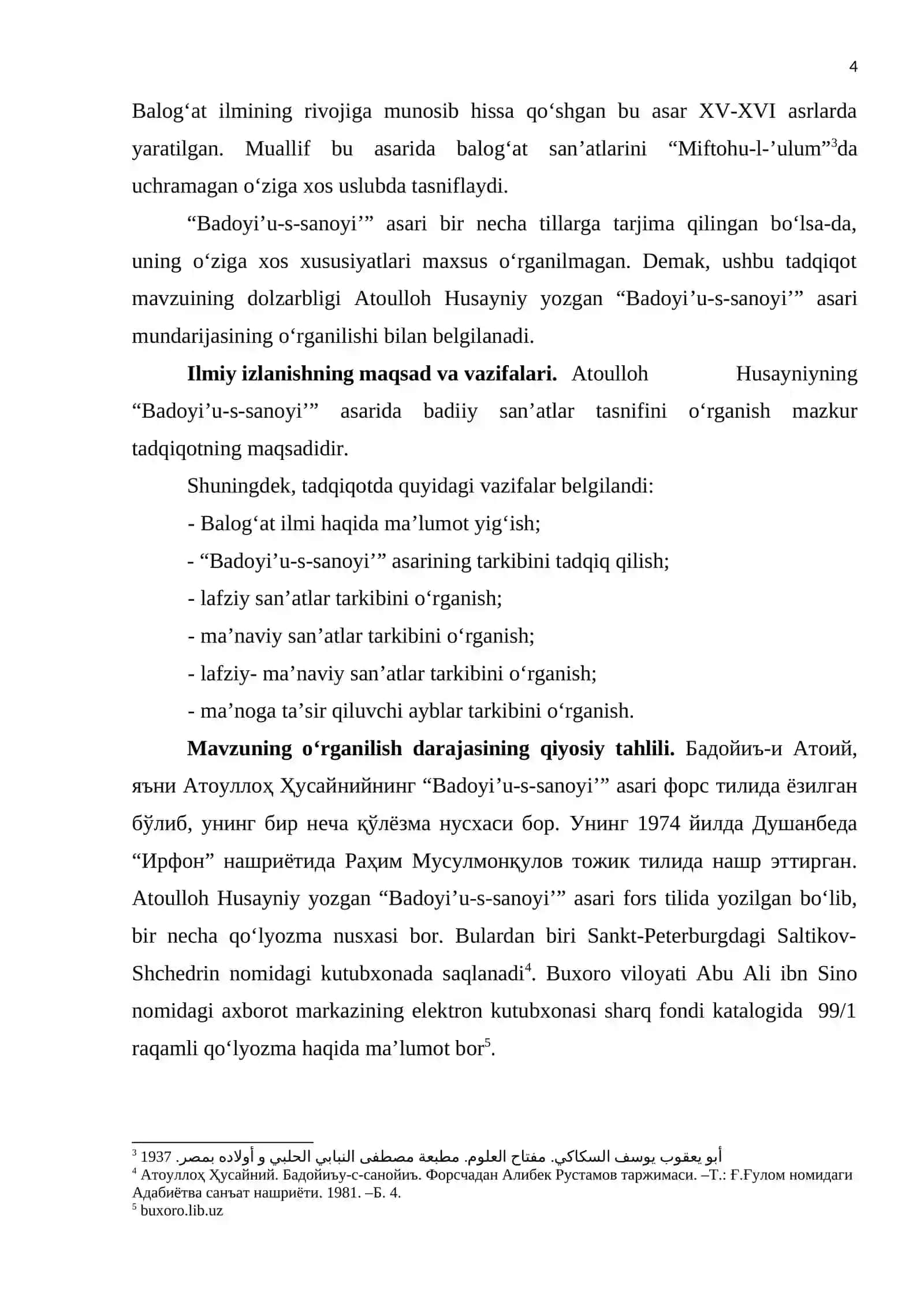 A.Husayniyning “Badoye’ us-sanoe’ asarida badiiy san’atlar tasnifi” mavzusidagi Bitiruv malakaviy ishi 4