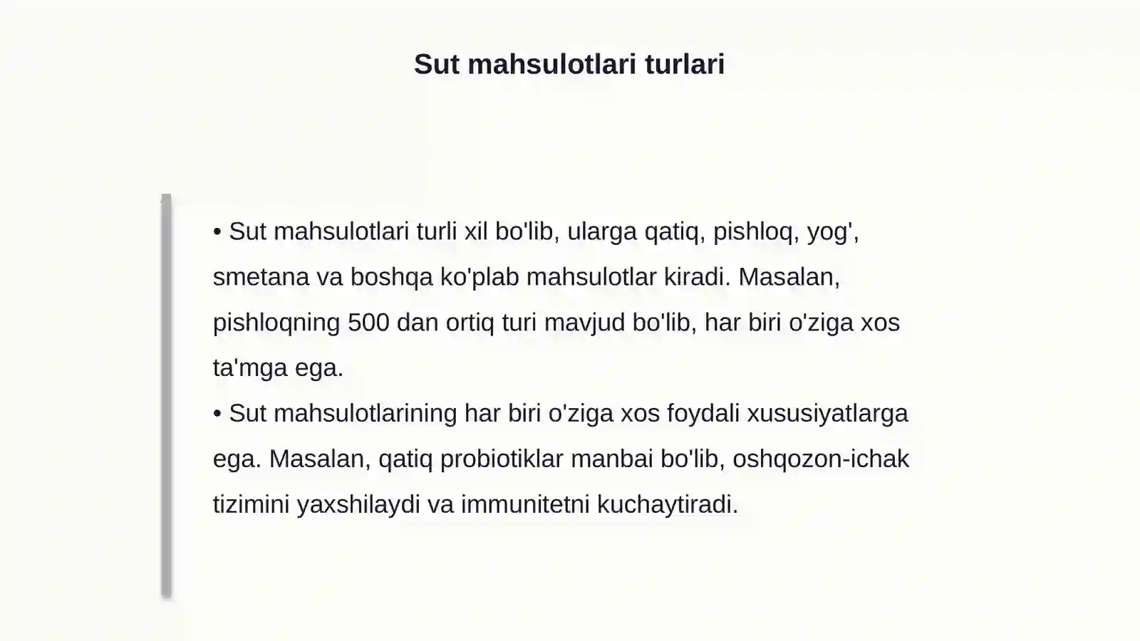 Texnologiya darslarida o’quvchilarga sut va sut mahsulotlarini tayyorlash metodikasi 4