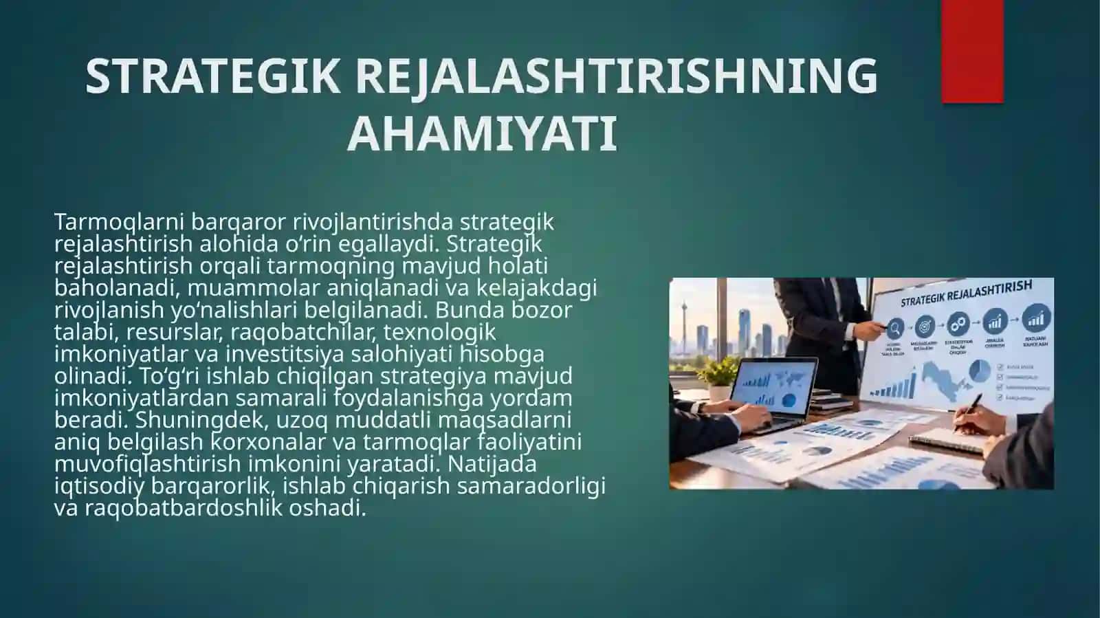 Tarmoqlarni barqaror rivojlantirish uchun amalga oshiriladigan strategiyalarni tahlil qilish. 4