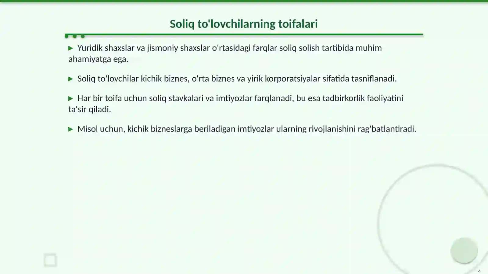 Soliq to'lovchilarning ayrim toifalariga va O'zbekiston Respublikasining ayrim hududlarida soliq solishning o'ziga xos xususiyatlari 4