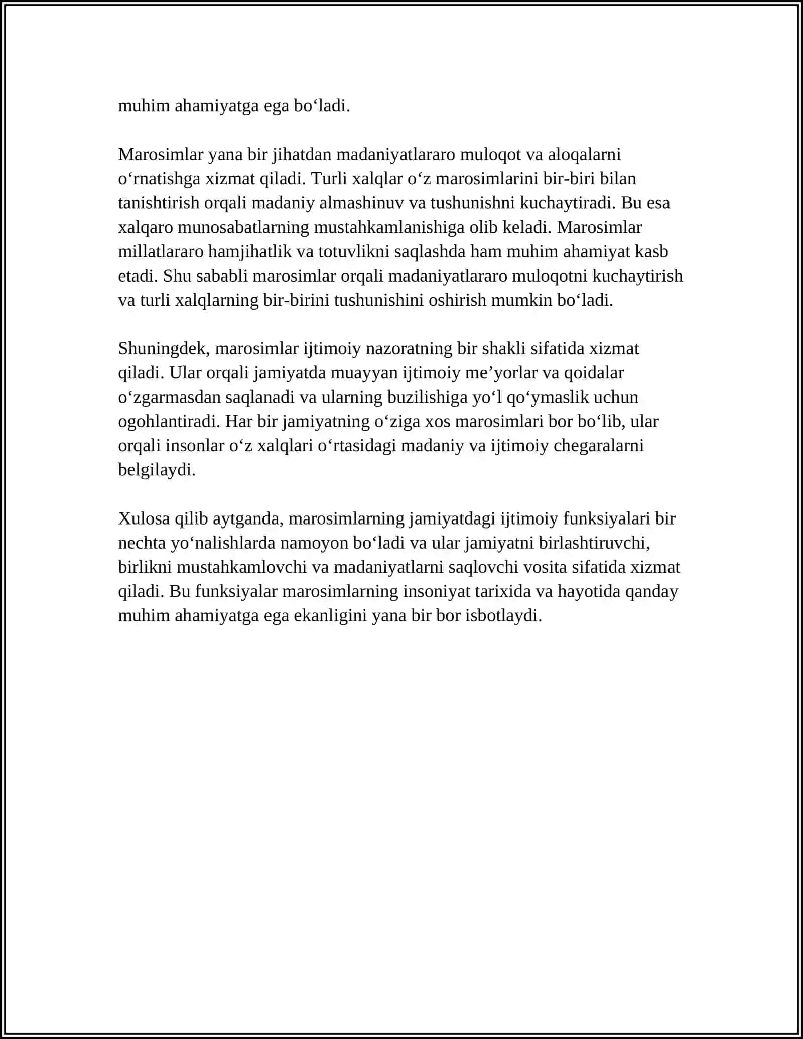MAROSIMLAR VA ULARNING XALQ HAYOTIDAGI OʻRNI VA TARBIYAVIY AHAMIYATI.MAQOL VA MATALLAR-DONO FIKRLARNING IXCHAM IFODASI 4