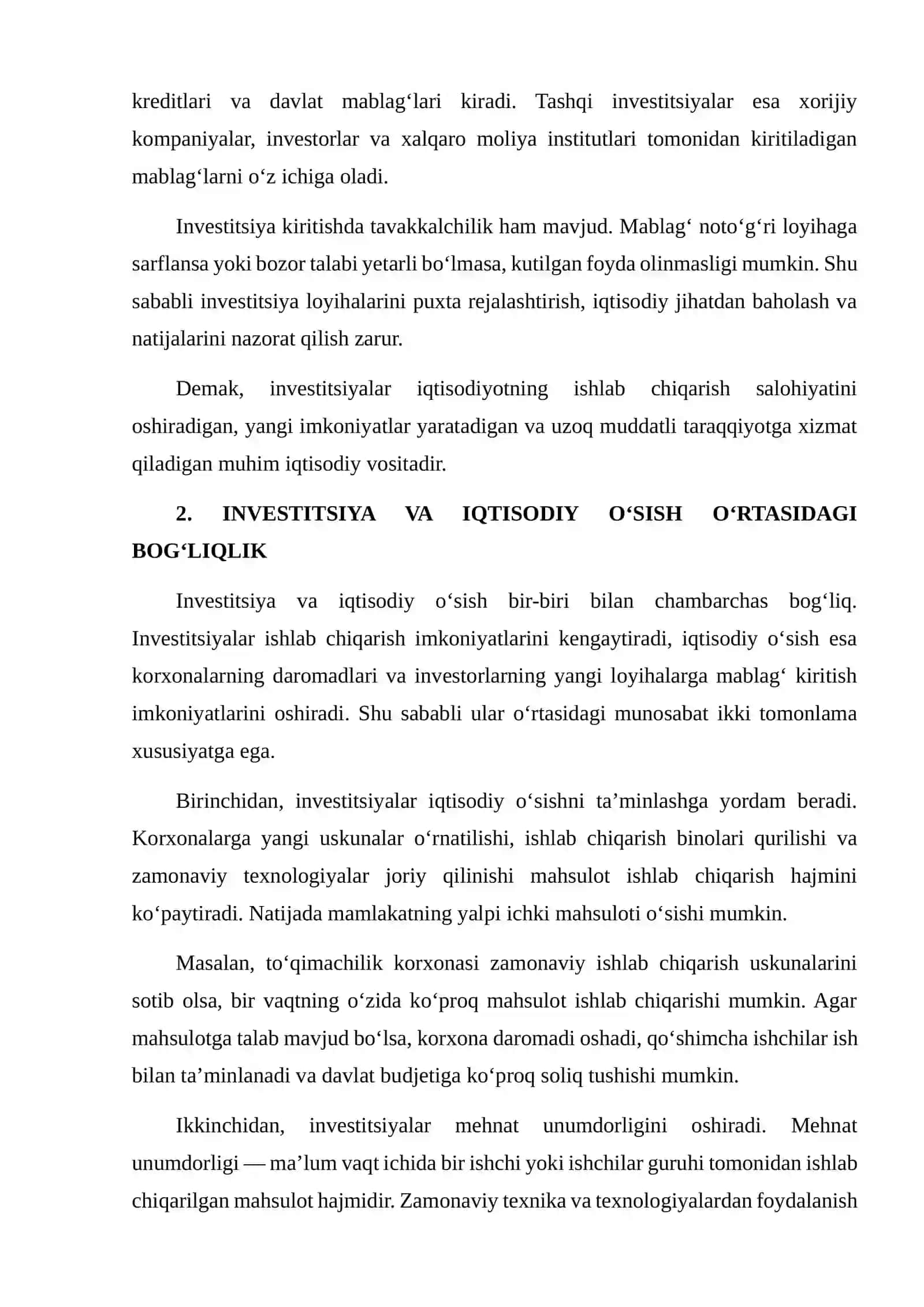 INVESTITSIYA VA IQTISODIY O‘SISH O‘RTASIDAGI BOG‘LIQLIK REJA 4