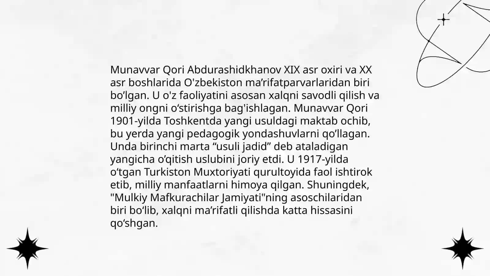 Jadid ma'rifatparvarlarining o'lka ijtimoiy-ma'naviy hayotida tutgan o'rni (Munavvar Qori, Fitrat, Behbudiy, Avloniy va boshqa) 4