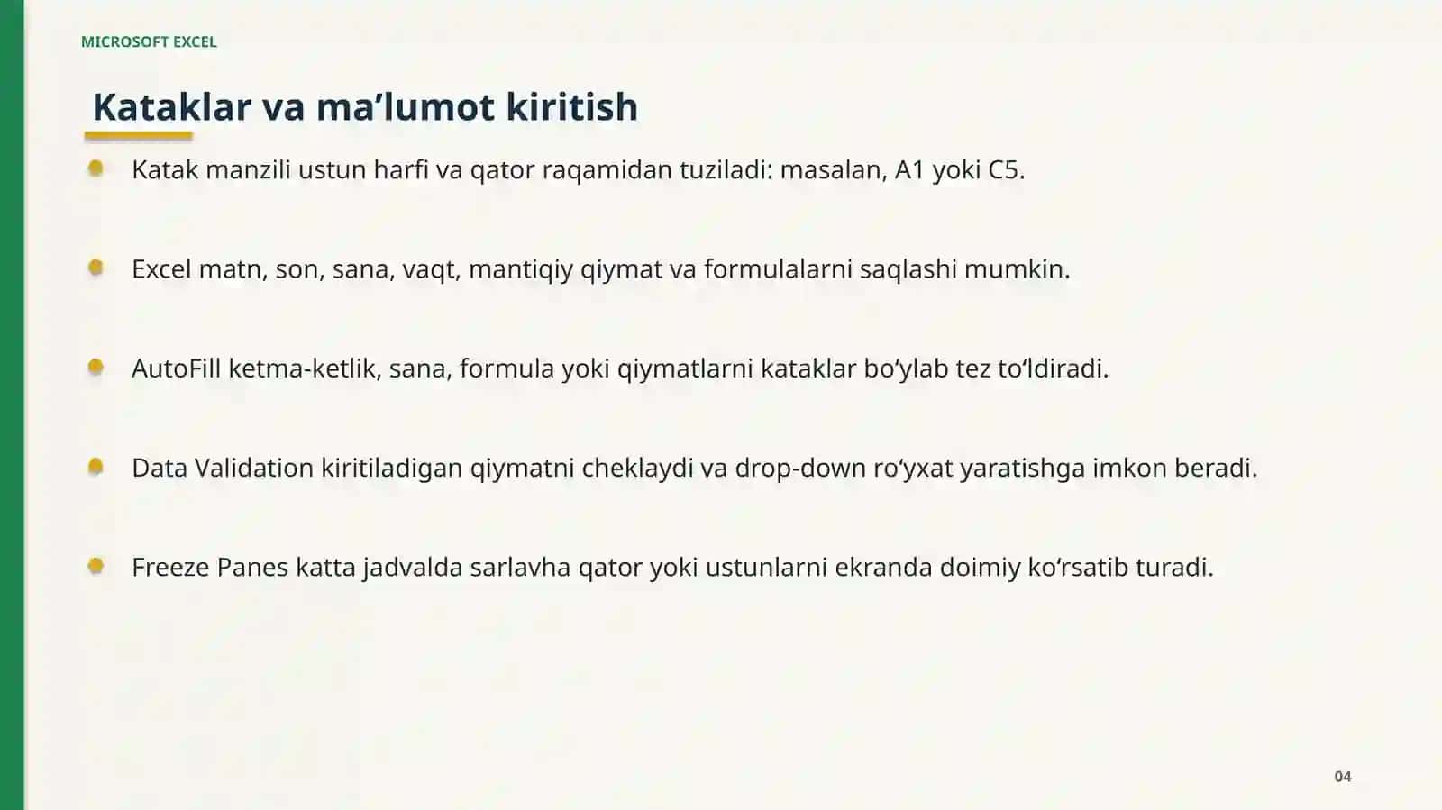 MICROSOFT EXCEL IMKONIYATLARI 4