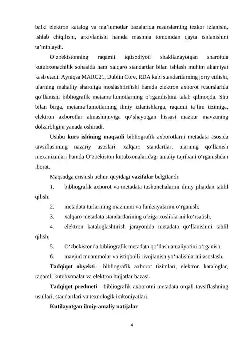 Bibliografik axborotlarning metama'lumotlari (metadata). orqali tavsiflash usullari 4
