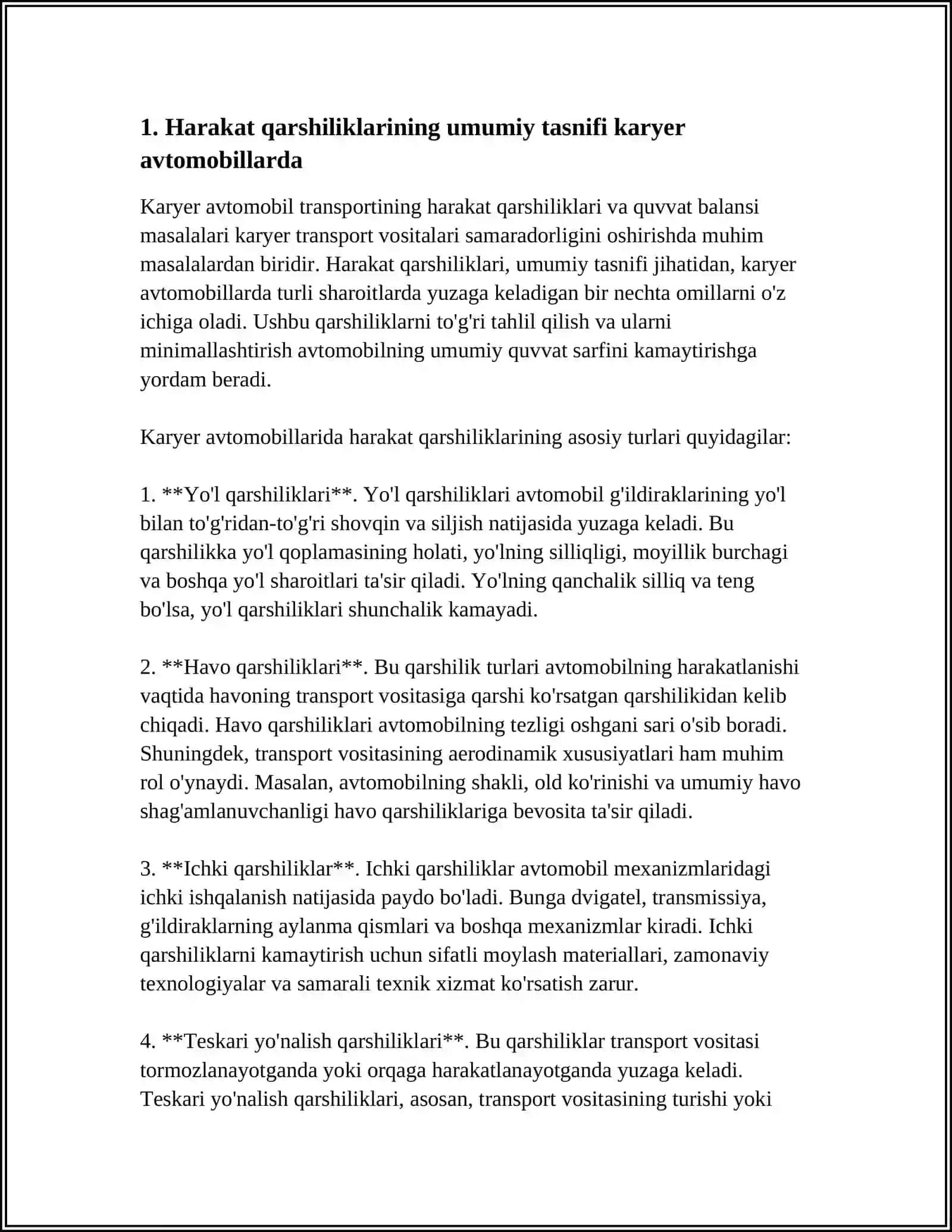 KARYER AVTOMOBIL TRANSPORTINING HARAKAT QARSHILIKLARI VA QUVVAT BALANSI 4