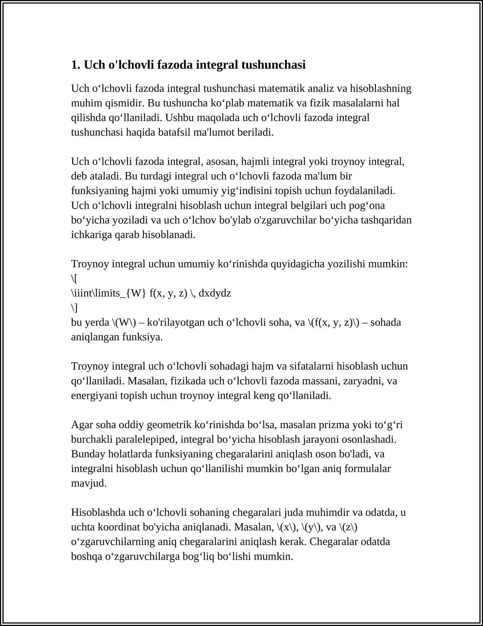 UCH OʻLCHOVLI FAZODA JISMLARNING YUZA VA HAJMLARINI HISOBLASHDA INTEGRAL HISOB TADBIQLARI 4