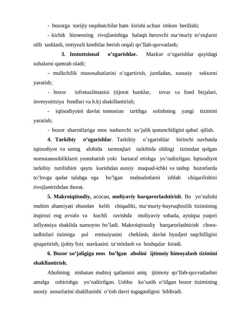 Bozor iqtisodiyotiga o’tish davri va uning o’zbekistondagi xususiyatlari 4