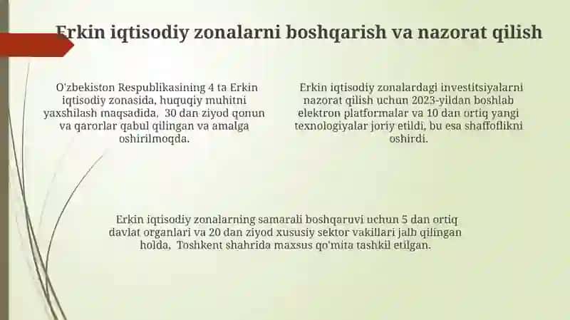 Oʻzbekiston Respublikasida Erkin Iqtisodiy Zonalarni Tashkil etishning Tashkiliy asoslari 4
