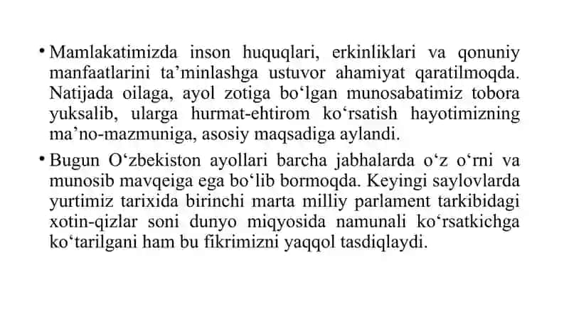 Yangi Oʻzbekistonda xotin qizlarga boʻlgan munosabat 4