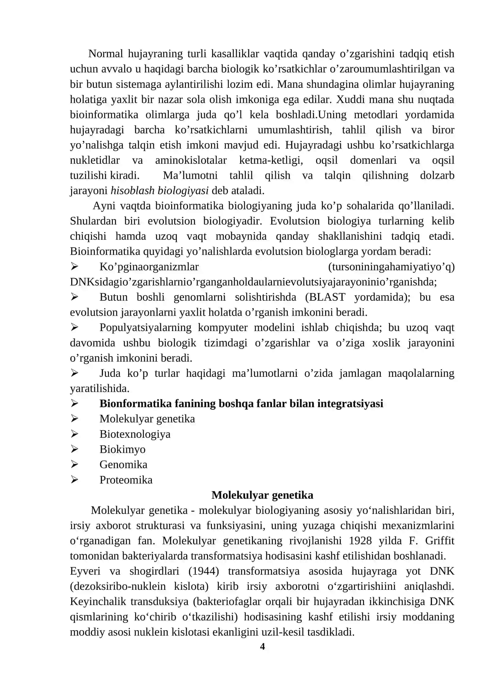 ZAMONAVIY BIOLOGIYA RIVOJLANISHIDAGI BIOINFORMATIKANING XISSASI (GENOMIKA, PROTEOMIKA VA B.) 4