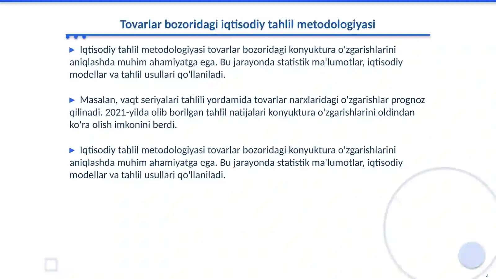 Tovarlar bozori konyuktura o’zgarishlari va asosiy ko’rsatkichlarni prognozlash 4
