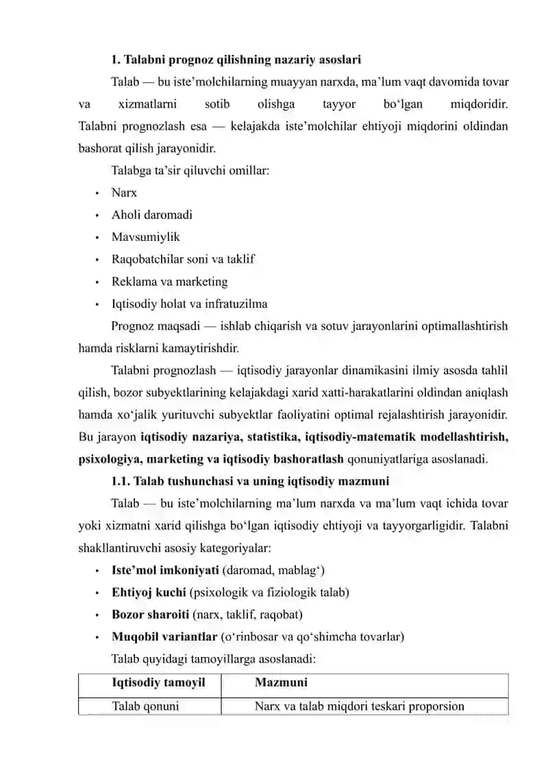 MAHALLIY BOZORIDA TALABNI PROGNOZ QILISH VA BERILGAN MASALAGA ANIQ YECHIMLAR ISHLAB CHIQISH 4
