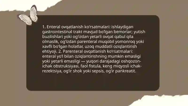 Klinik ovqatlanish turlarining taqqoslash xarakteristikasi: enteral va parenteral 4